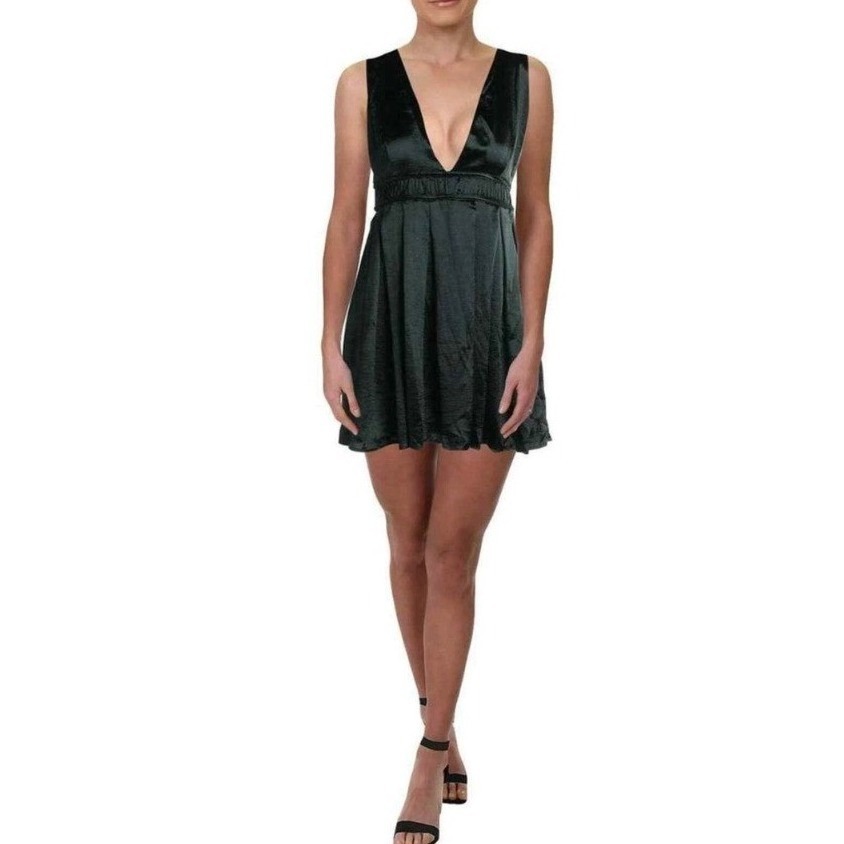 Lost + Wander Deep V Crinkle Satin Smocked Waist Mini Dress Teal Nwt Large